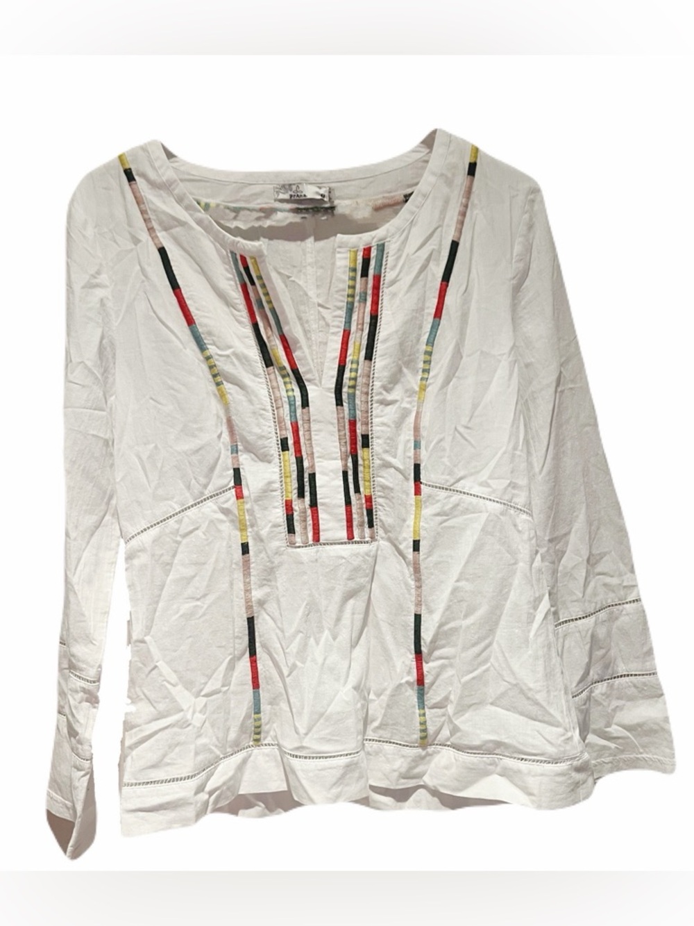 Prana White Embroidered Cotton Peasant Top with Multicolor Trim